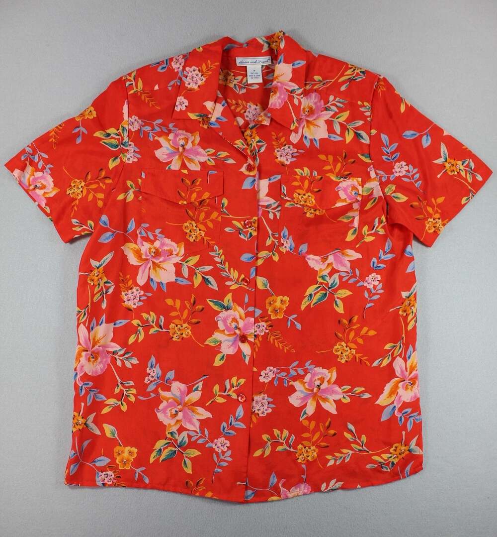 Anna And Frank Shirt Womens M Red Silk Hawaiian Floral Short Sleeve Button Front